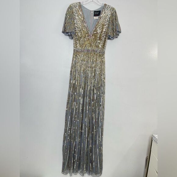 Mac Duggal 5538 Embellished V-Neck Butterfly Sleeve Column Platinum Gown, Size 4 - Picture 2 of 13